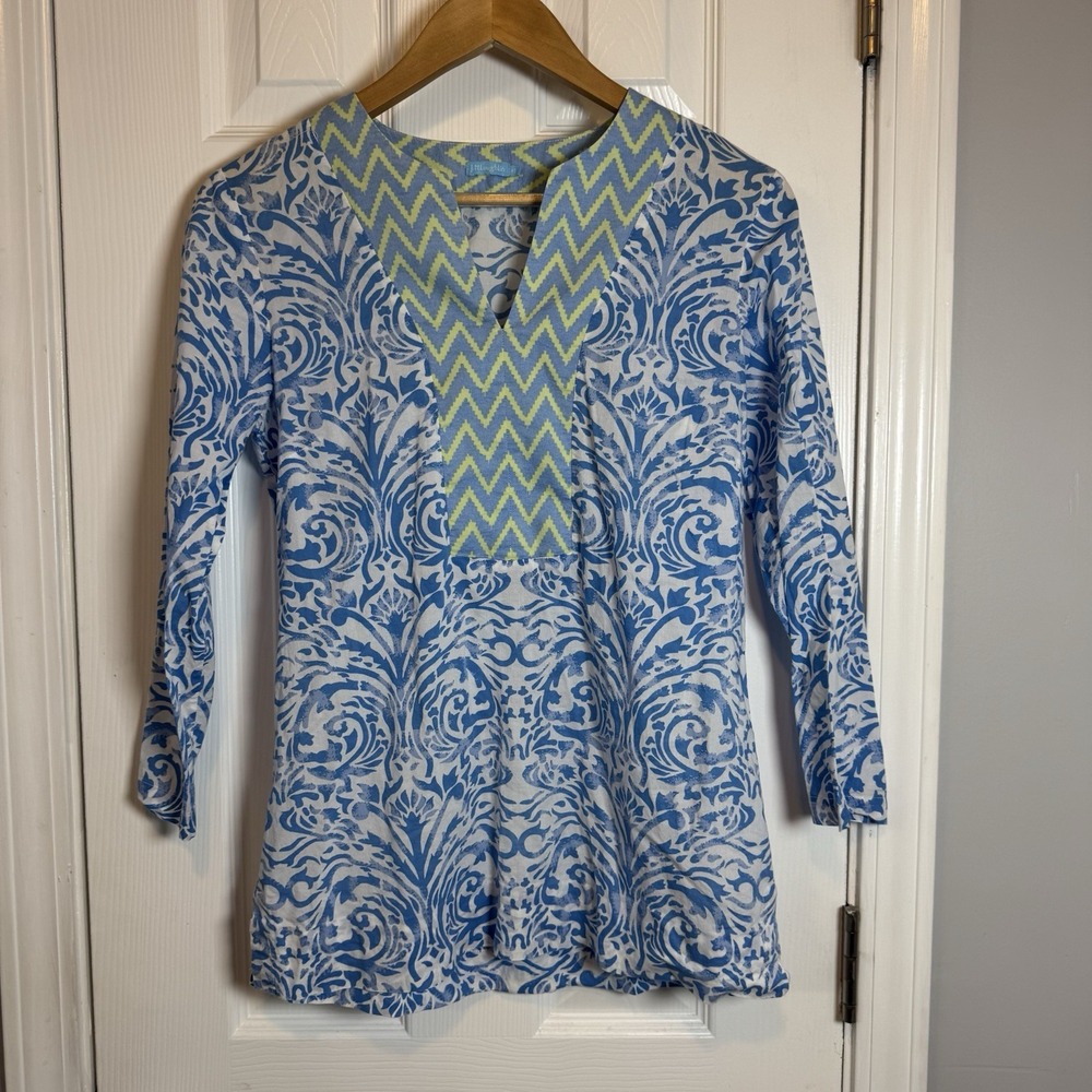 J McLaughlin Tunic Top Blue Yellow Print Damask Cloth Women's XS